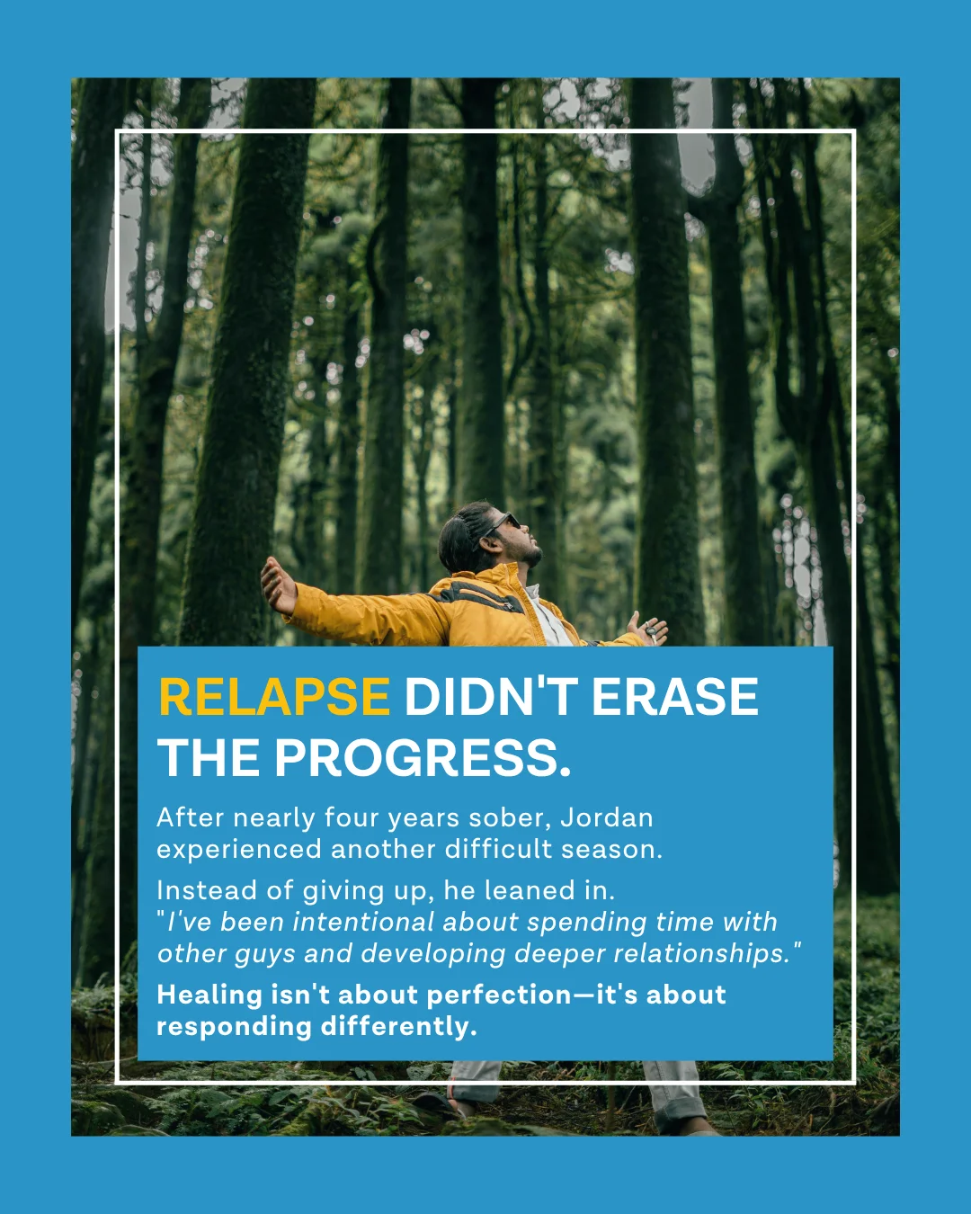 Quote card: relapse didn't erase the progress — after nearly four years sober, Jordan experienced another difficult season and leaned in instead of giving up